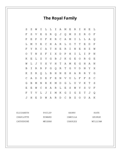 The Royal Family Word Search Puzzle