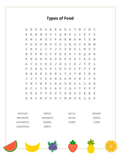 types-of-food-word-search
