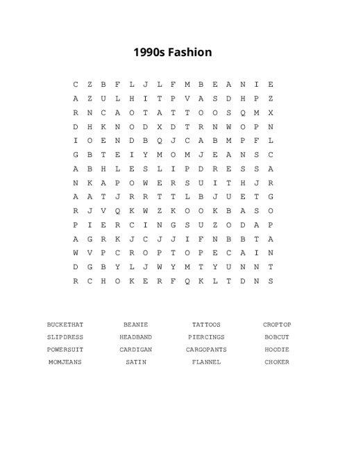 1990s Fashion Word Search Puzzle