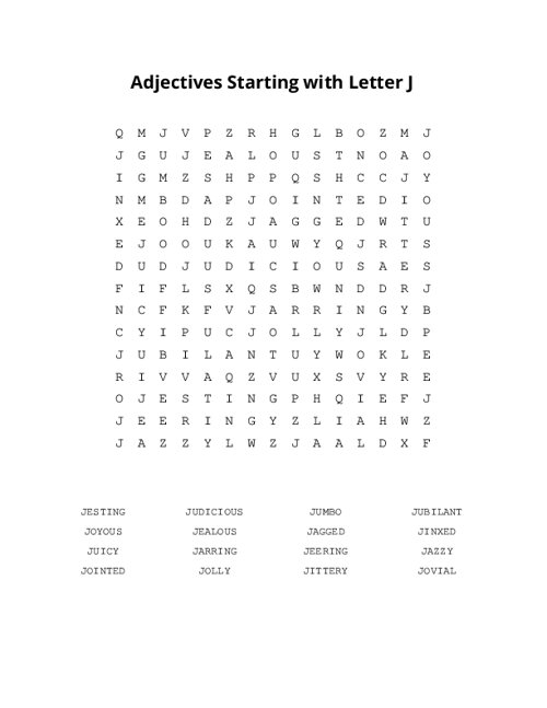 Adjectives Starting with Letter J Word Search Puzzle