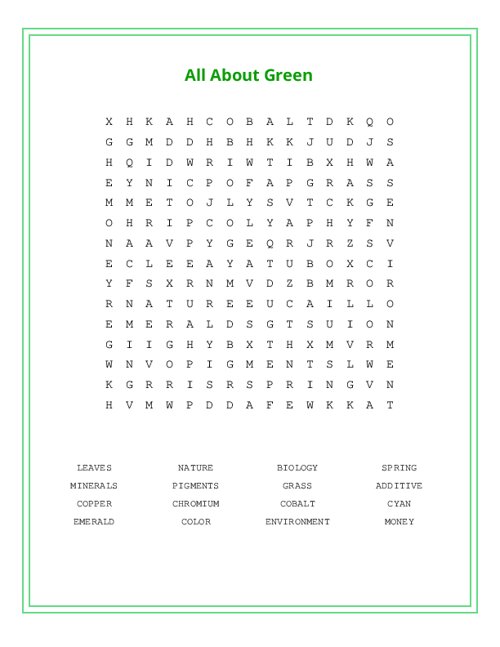All About Green Word Search Puzzle