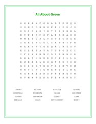 All About Green Word Scramble Puzzle