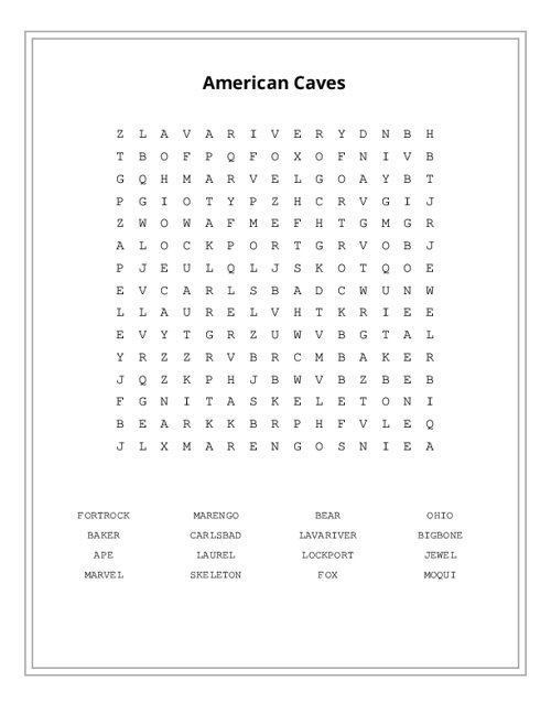 American Caves Word Search Puzzle