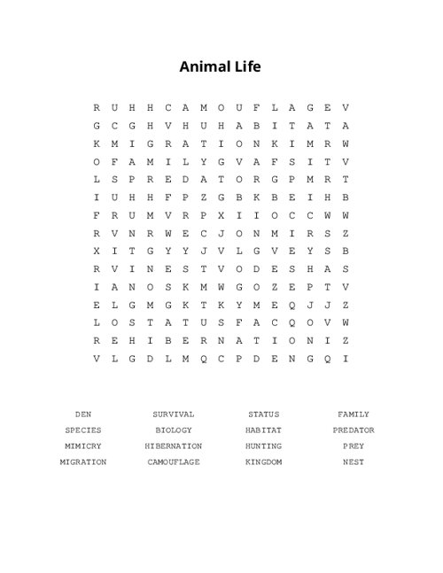 Animal Life Word Search Puzzle