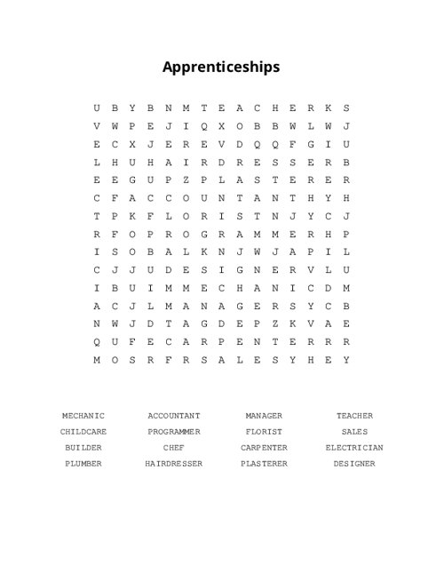 Apprenticeships Word Search Puzzle