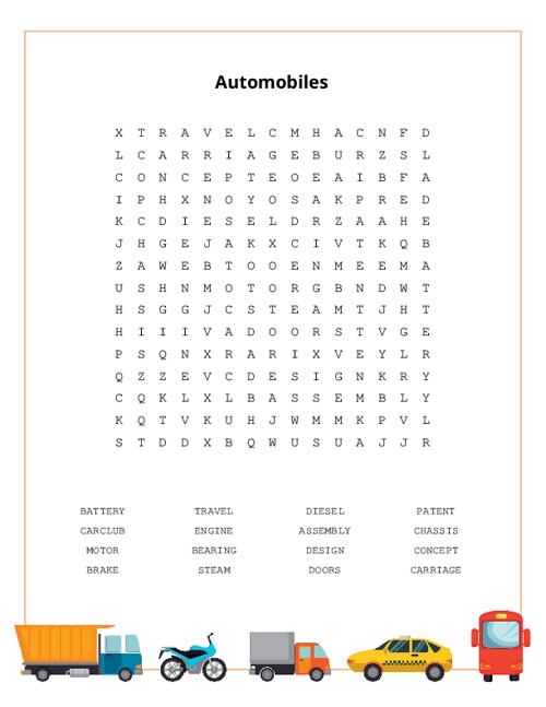 Automobiles Word Search Puzzle
