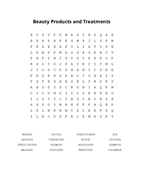 Beauty Products and Treatments Word Search Puzzle