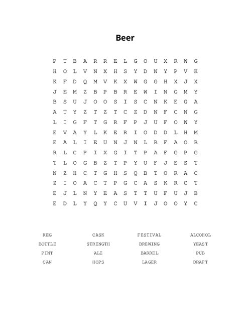 Beer Word Search Puzzle