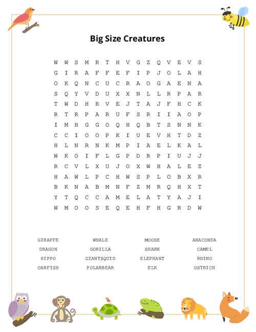 Big Size Creatures Word Search Puzzle