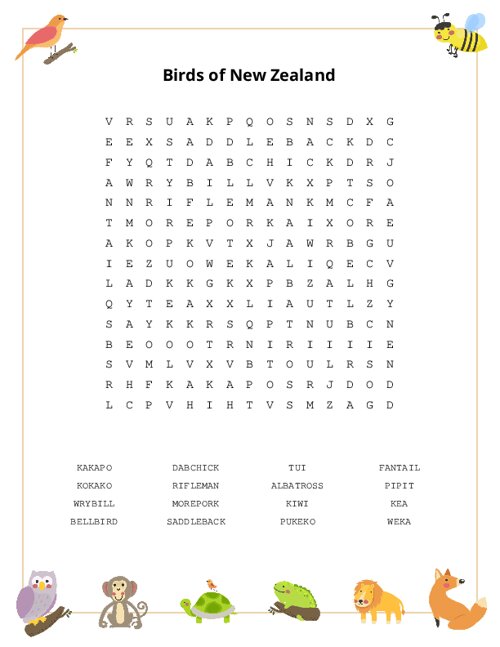 Birds of New Zealand Word Search Puzzle