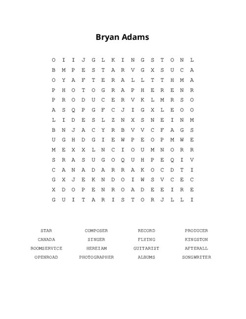 Bryan Adams Word Search Puzzle