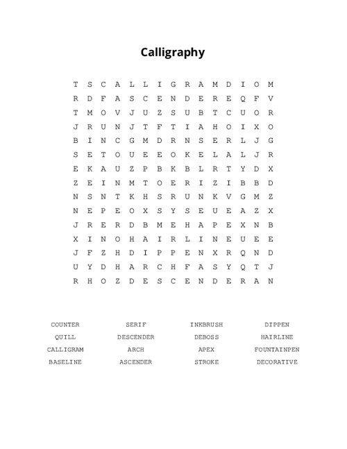 Calligraphy Word Search Puzzle
