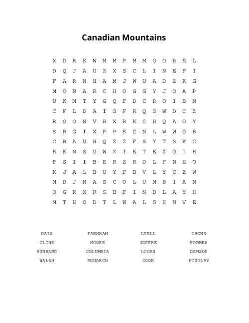 Canadian Mountains Word Search Puzzle