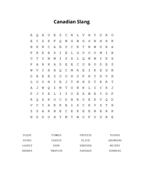 Canadian Slang Word Search Puzzle