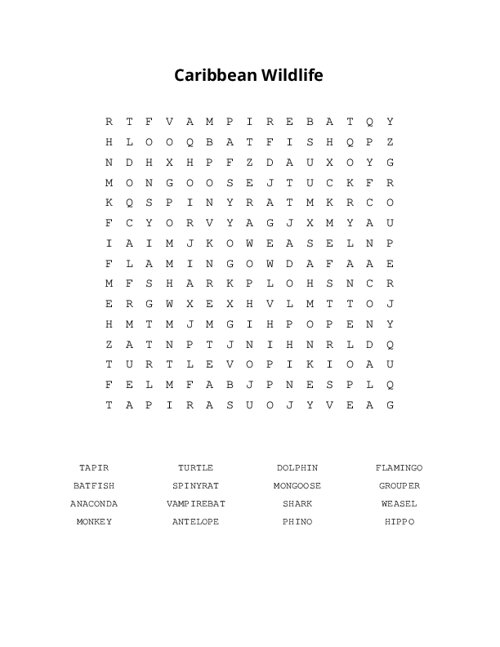 Caribbean Wildlife Word Search Puzzle