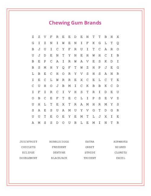 Chewing Gum Brands Word Search Puzzle