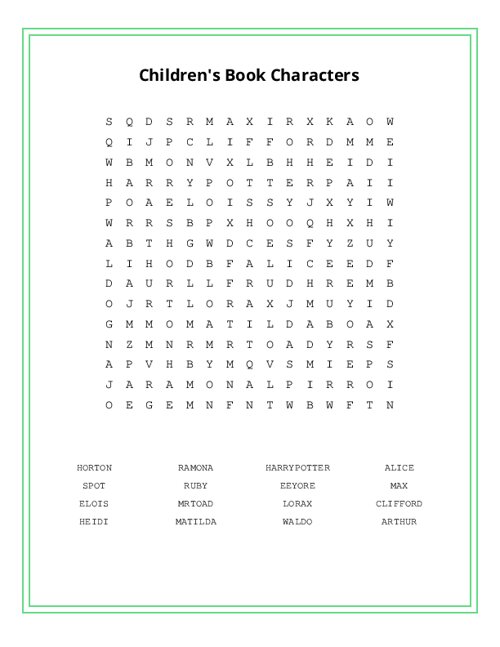 Children's Book Characters Word Search Puzzle