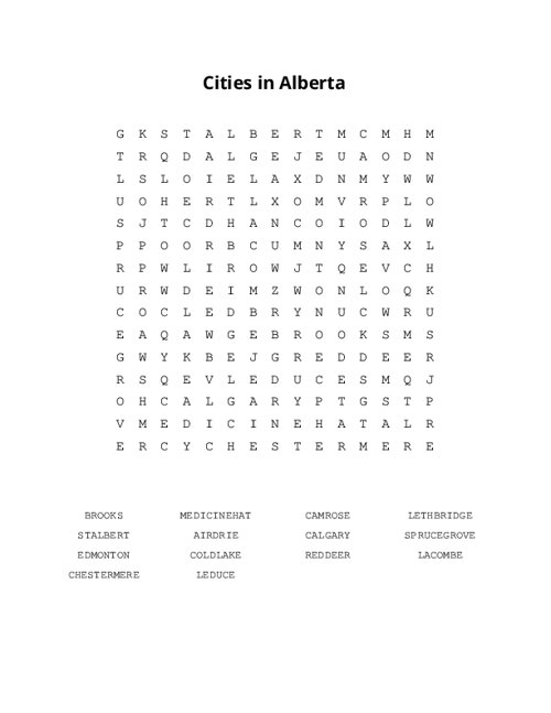 Cities in Alberta Word Search Puzzle