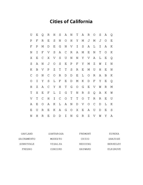 Cities of California Word Search Puzzle