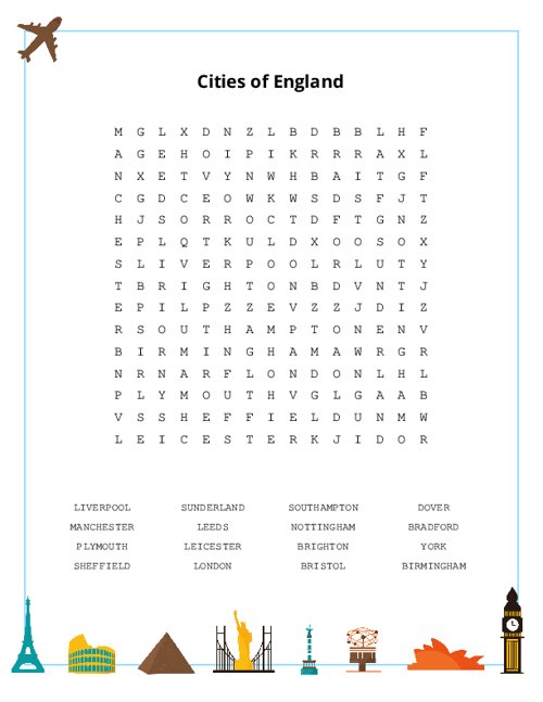 Cities of England Word Search Puzzle