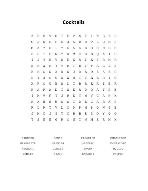 Cocktails Word Search Puzzle