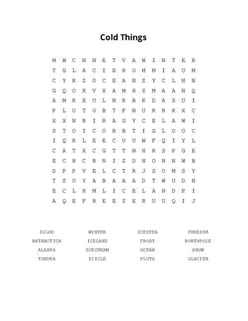 Cold Things Word Search Puzzle