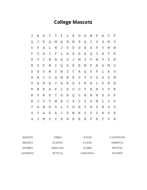 College Mascots Word Search Puzzle