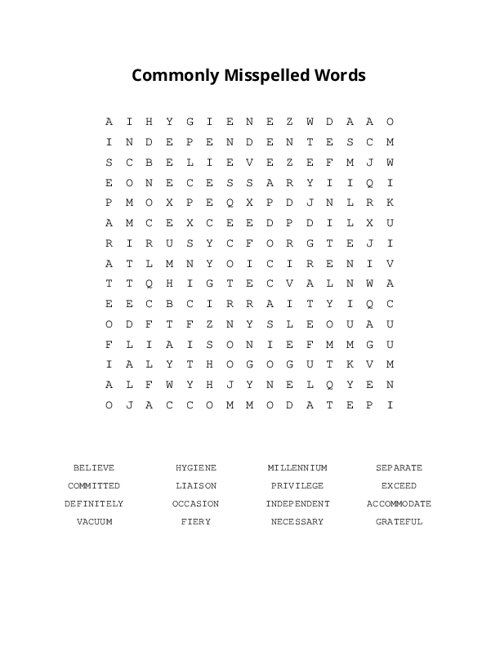 Commonly Misspelled Words Word Search Puzzle