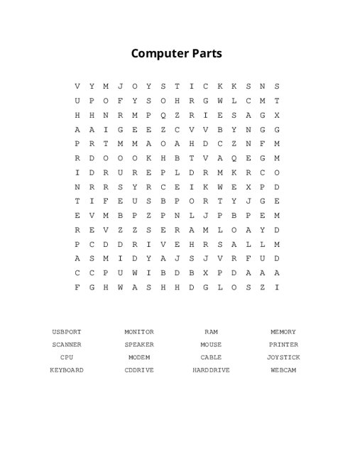 Computer Parts Word Search Puzzle
