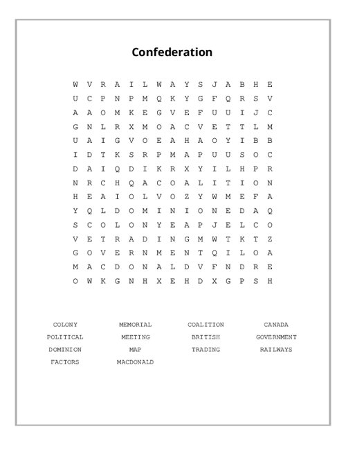 Confederation Word Search Puzzle