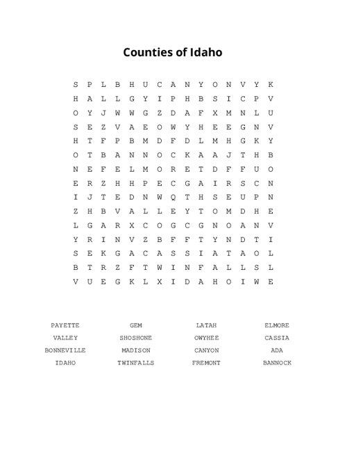 Counties of Idaho Word Search Puzzle