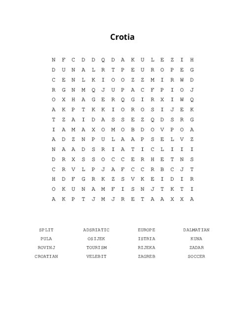 Crotia Word Search Puzzle