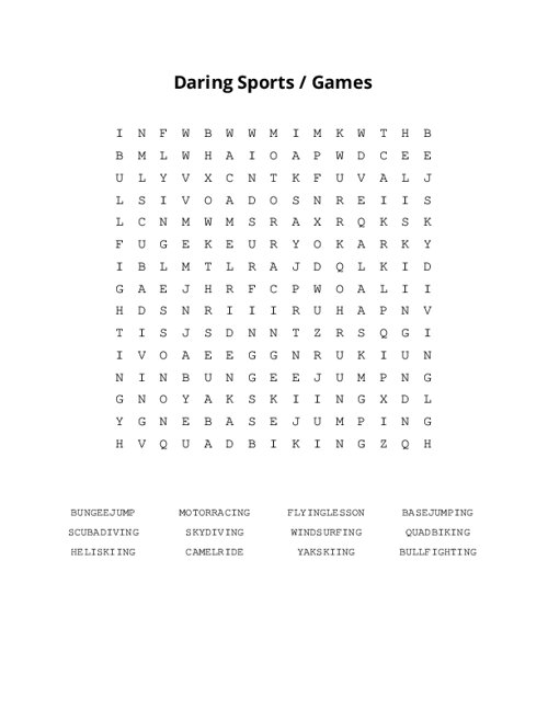 Daring Sports / Games Word Search Puzzle