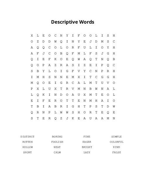 Descriptive Words Word Search Puzzle