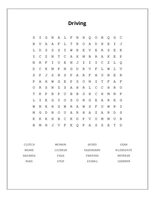 Driving Word Search Puzzle