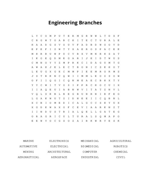 Engineering Branches Word Search Puzzle