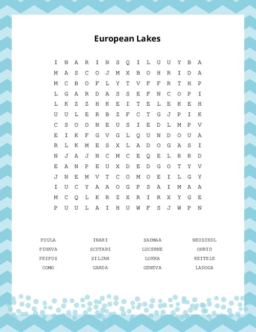 European Lakes Word Search Puzzle