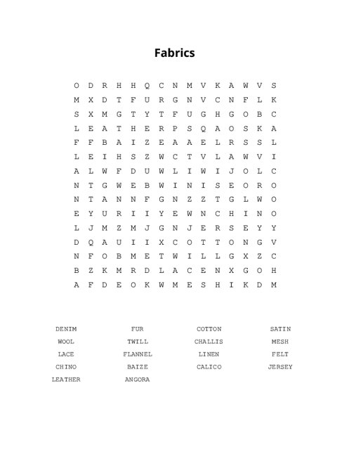 Fabrics Word Search Puzzle
