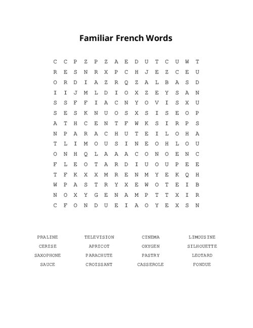 Familiar French Words Word Search Puzzle