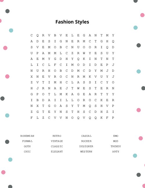Fashion Styles Word Search Puzzle