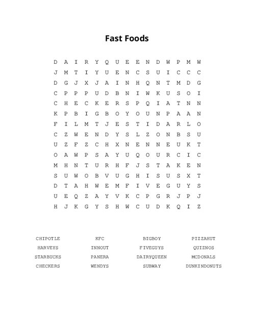 Fast Foods Word Search Puzzle