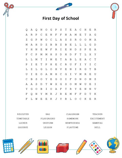 First Day Of School Word Search