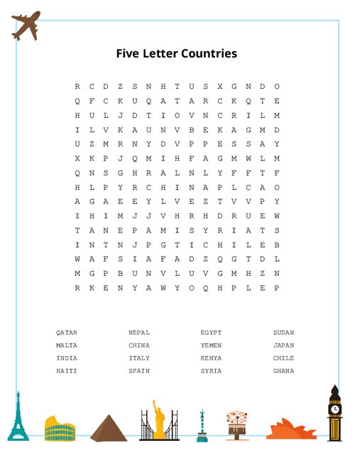 Five Letter Countries Word Search Puzzle
