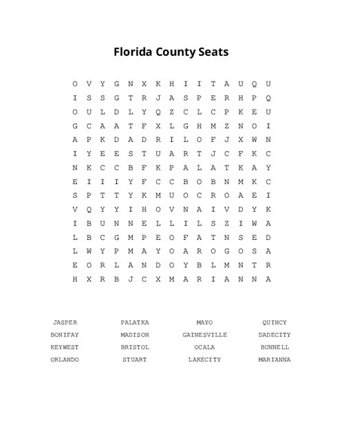Florida County Seats Word Search Puzzle