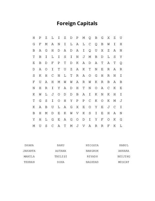 Foreign Capitals Word Search Puzzle