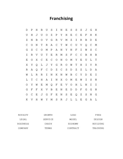 Franchising Word Search Puzzle