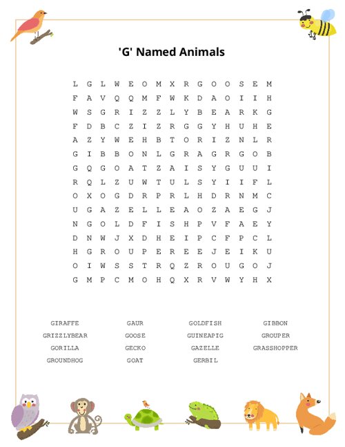 'G' Named Animals Word Search Puzzle