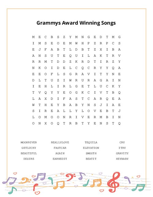 Grammys Award Winning Songs Word Search Puzzle