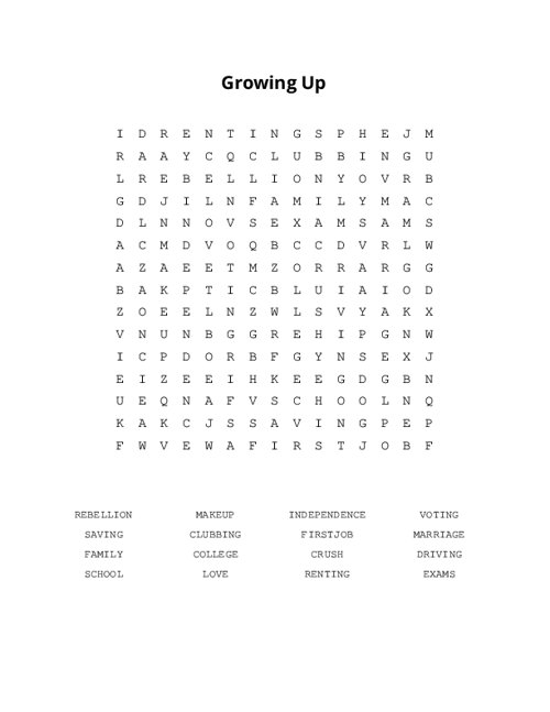 Growing Up Word Search Puzzle