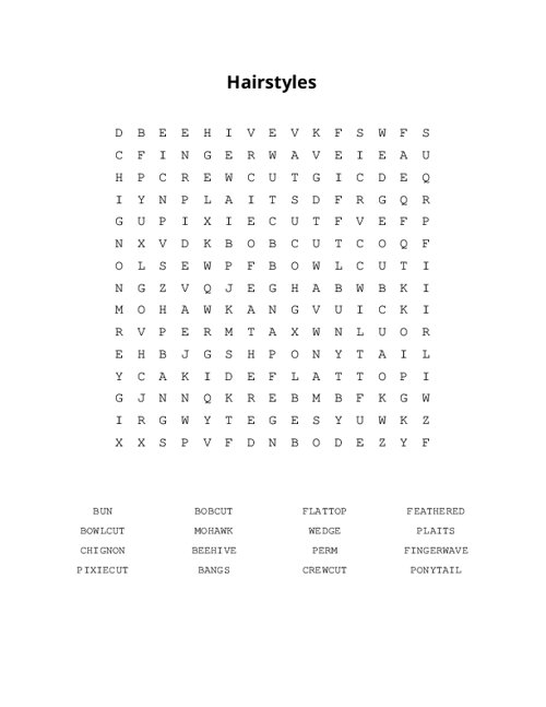 Hairstyles Word Search Puzzle